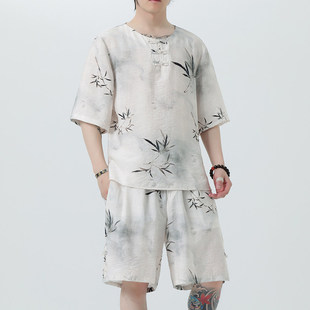 LANGSHE夏季新款中国风冰丝套装男上衣+短裤两件套休闲套装男青年