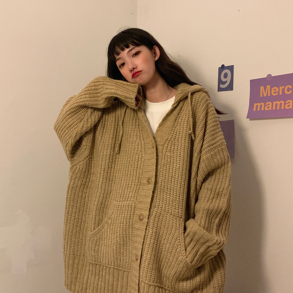 秋冬韩版ins大码女装胖妹妹宽松慵懒风马海毛针织衫连帽毛衣外套