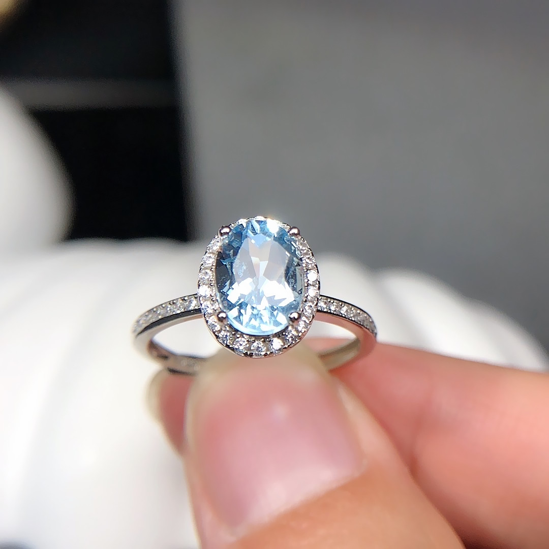 新款925银镶天然海蓝宝石戒指活口主石尺寸68mm个性女戒清雅