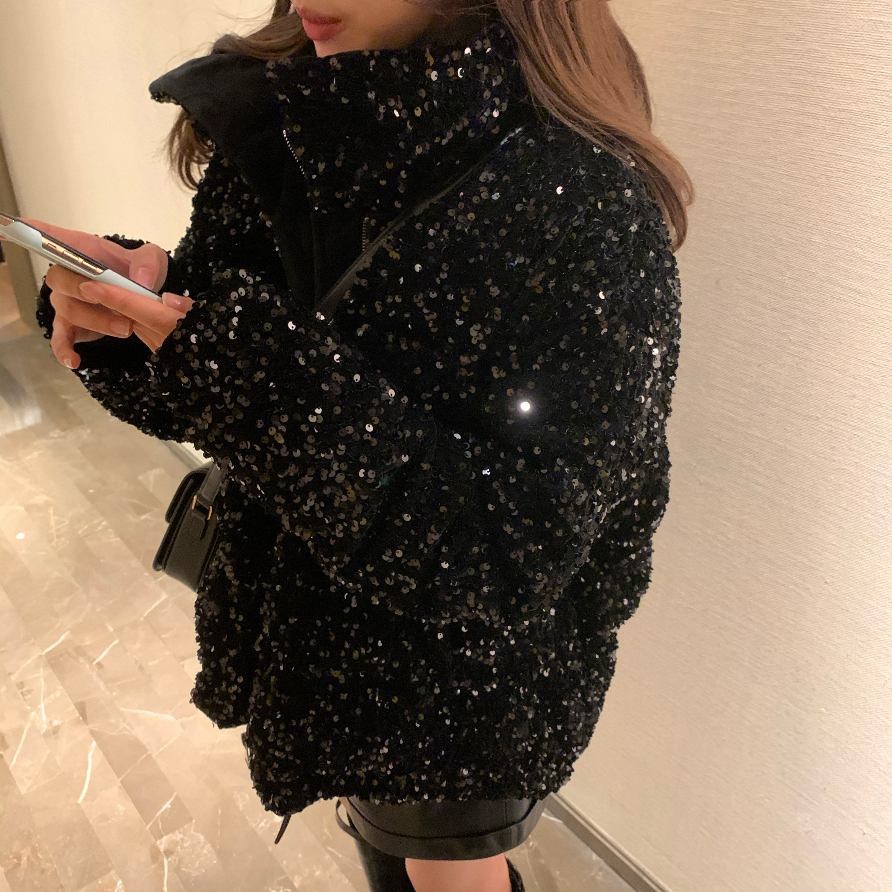 白鸭绒_钱夫人家雪梨定制 黑色白鸭绒亮片重工短款羽绒服女立领冬季