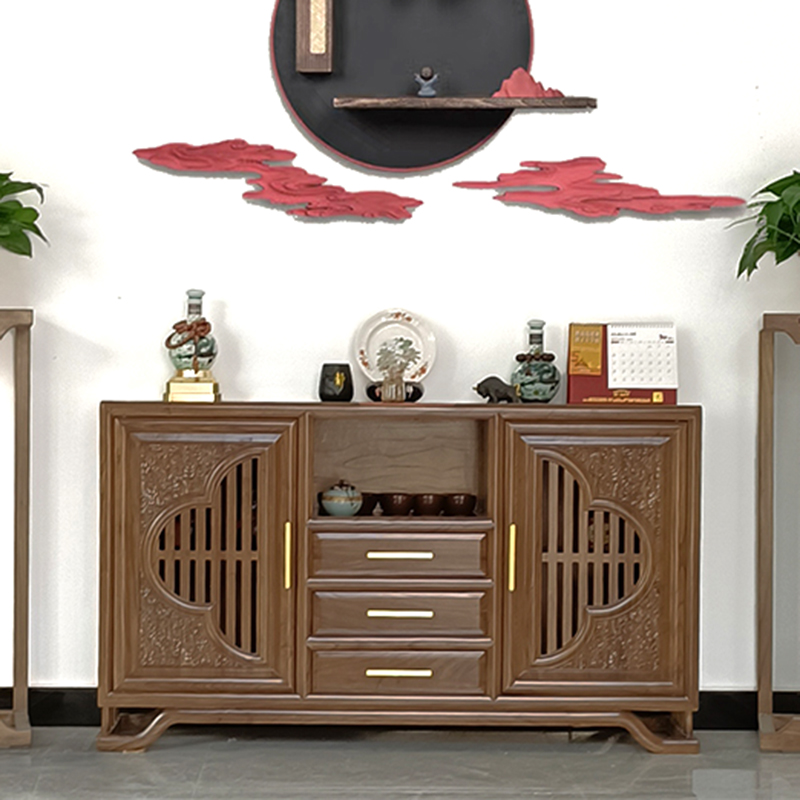 新中式实木玄关柜老榆木胡桃色进门入户正对门风水迎门柜鞋柜一体