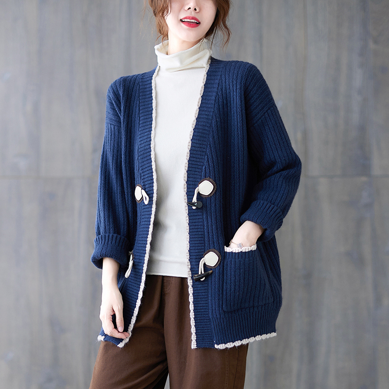 中长款牛角扣针织衫女长袖开衫2021春秋百搭新品上衣宽松文艺毛衣