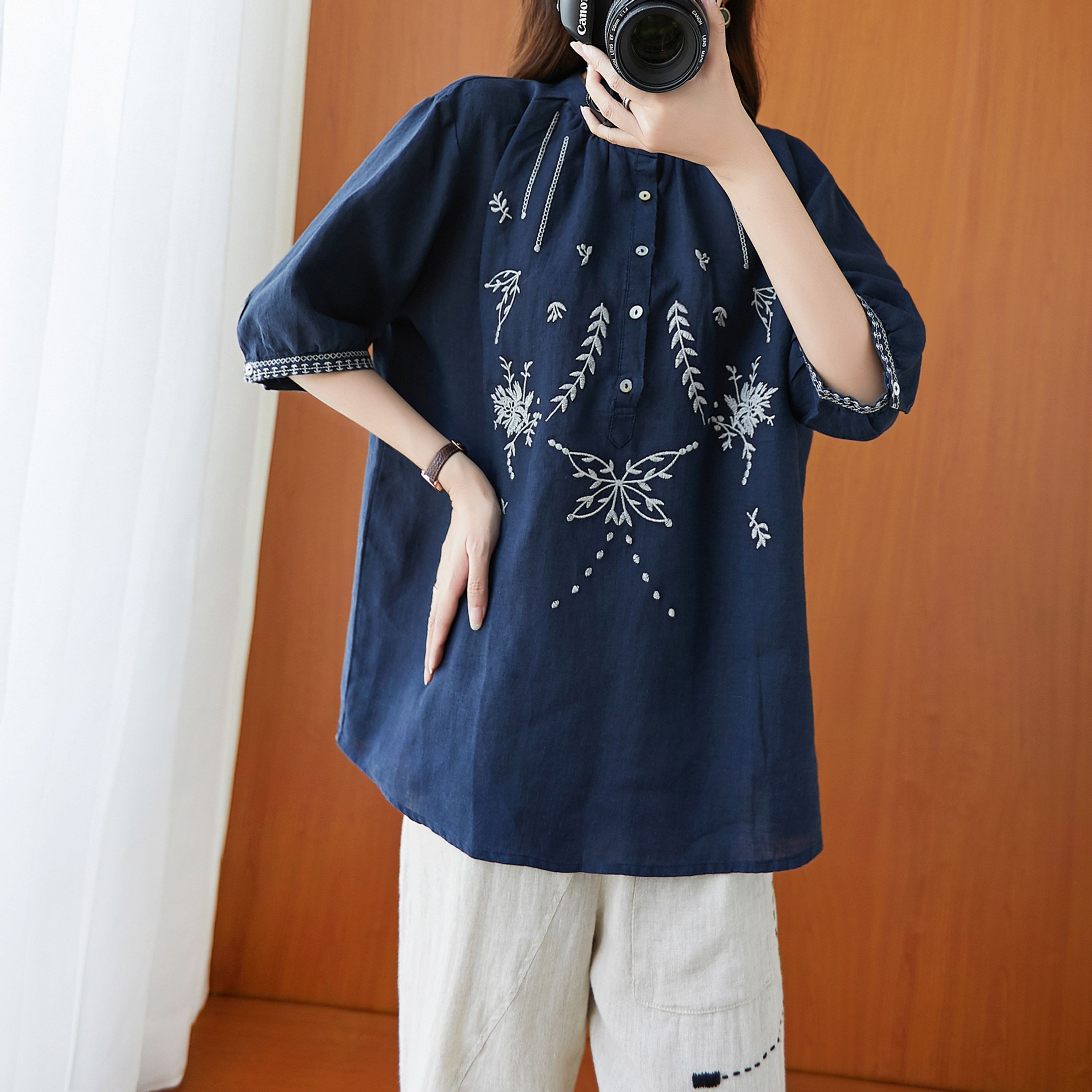 棉麻短袖t恤女短款文艺复古民族风刺绣苎麻小衫宽松亚麻中袖上衣