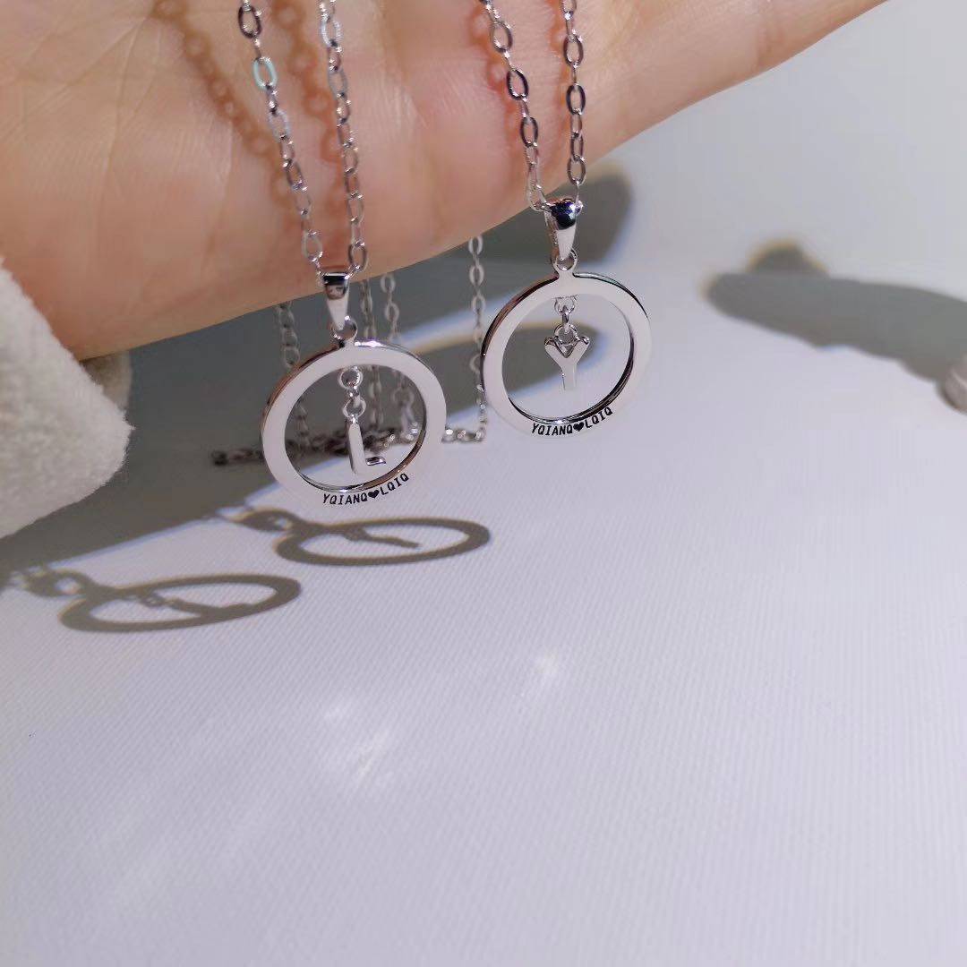 首饰定制纯银刻字情侣项链 圆环字母链男女生日礼物 纪念日订制