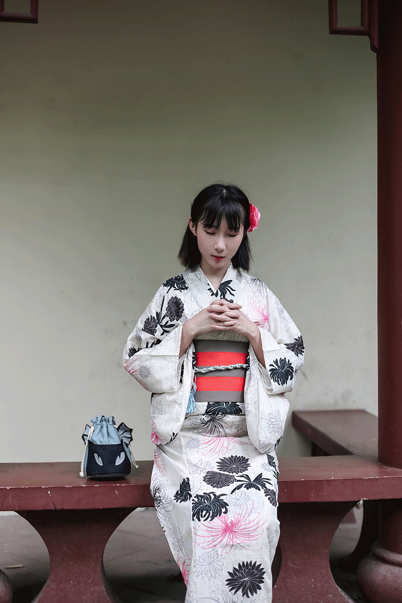 日本和服 女仿亚麻正装和服浴衣套装素雅菊柄传统和服夏日祭和服