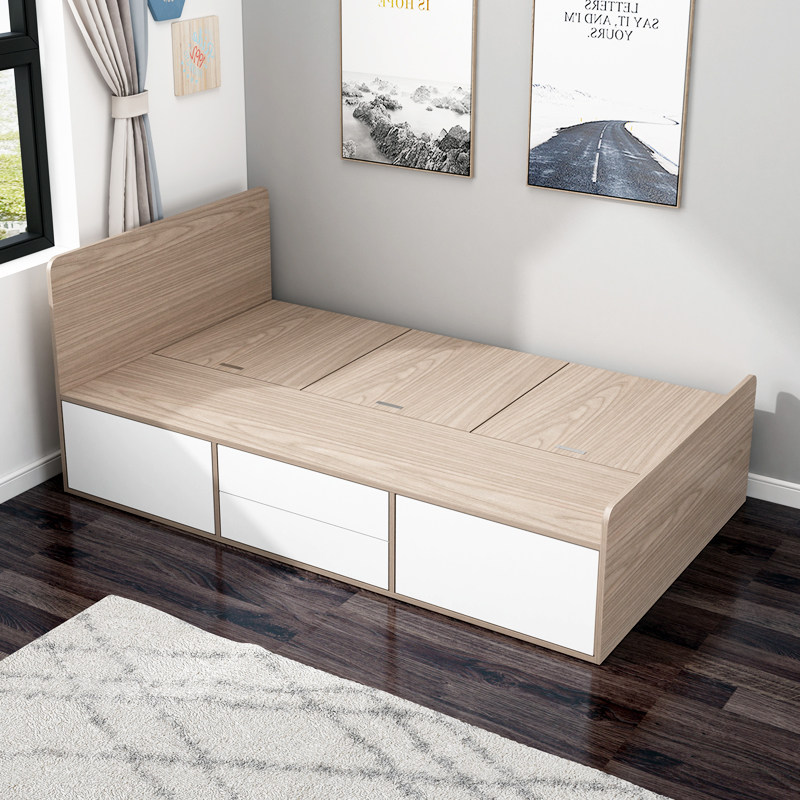 简约现代卧室储物床1.2米板式单人抽屉床实木收纳床可定制高箱床