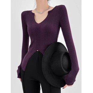 紫色v领不规则开叉长袖针织衫女春季修身显瘦t恤小众别致打底上衣