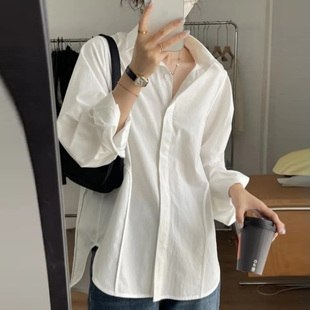 春季女装韩版批新款发长袖打底白衬衣设计感小众宽松中长款衬衫潮
