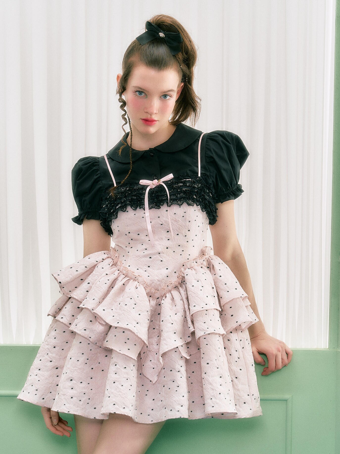 narrator原创设计紫色条纹蝴蝶结泡泡蕾丝花边娃娃连衣裙 原价498元