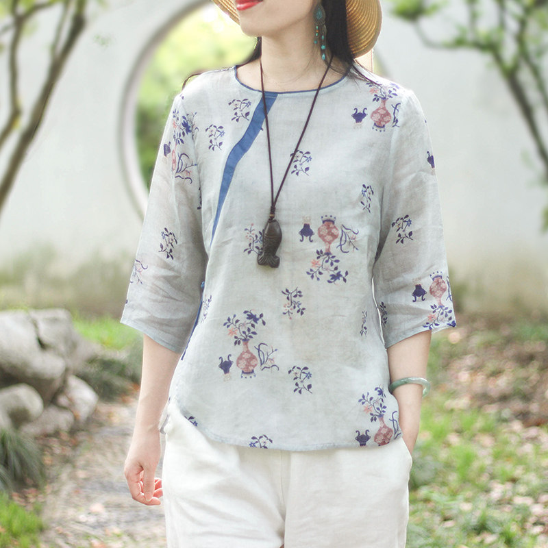 念江南中国风苎麻薄款宽松上衣女夏短款禅意盘扣小衫棉麻复古衬衫