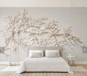 金色树枝白色花朵立体浮雕电视墙壁纸客服卧室装饰壁画