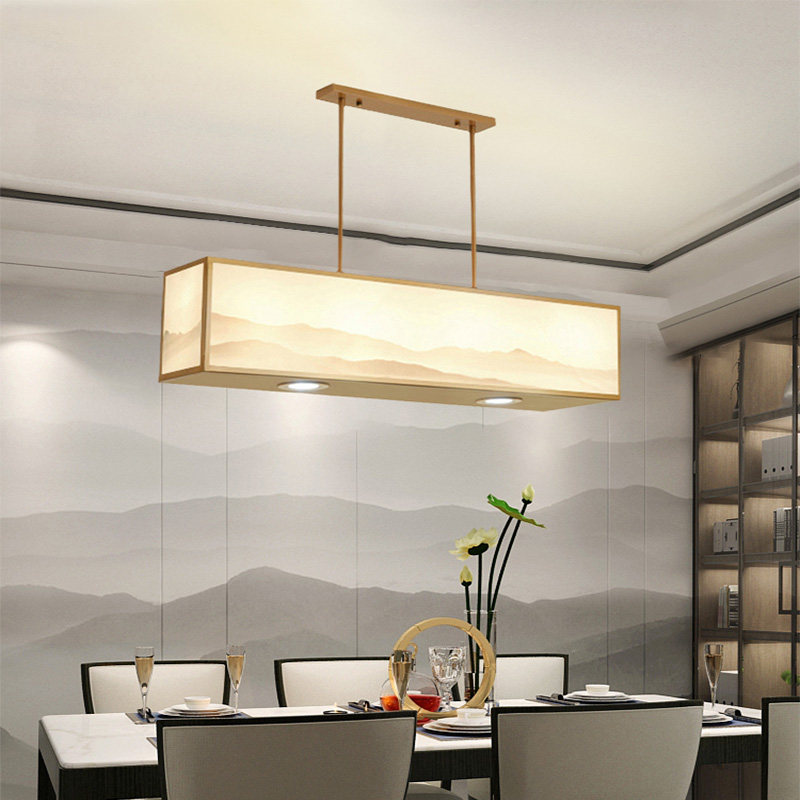 新中式客厅餐厅山水吊灯长方形禅意带射灯酒店茶楼会所吧台铁艺灯
