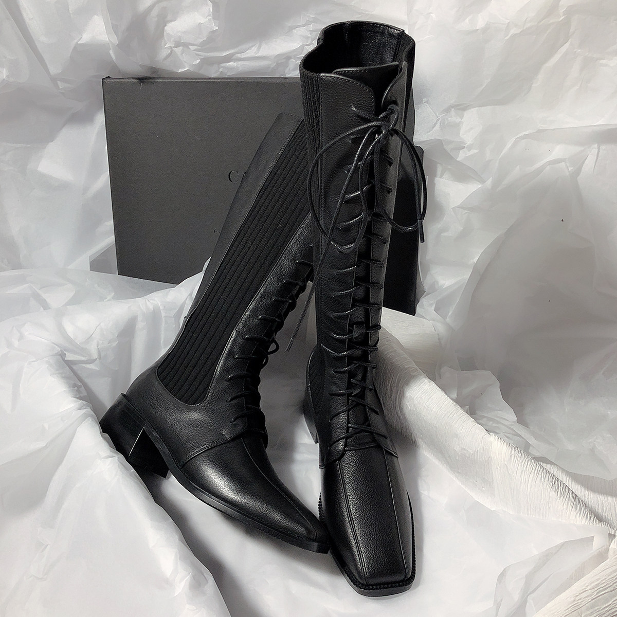 森屿海巷 2020新款真皮毛线筒袜靴弹力高筒靴子高跟显瘦韩版长靴