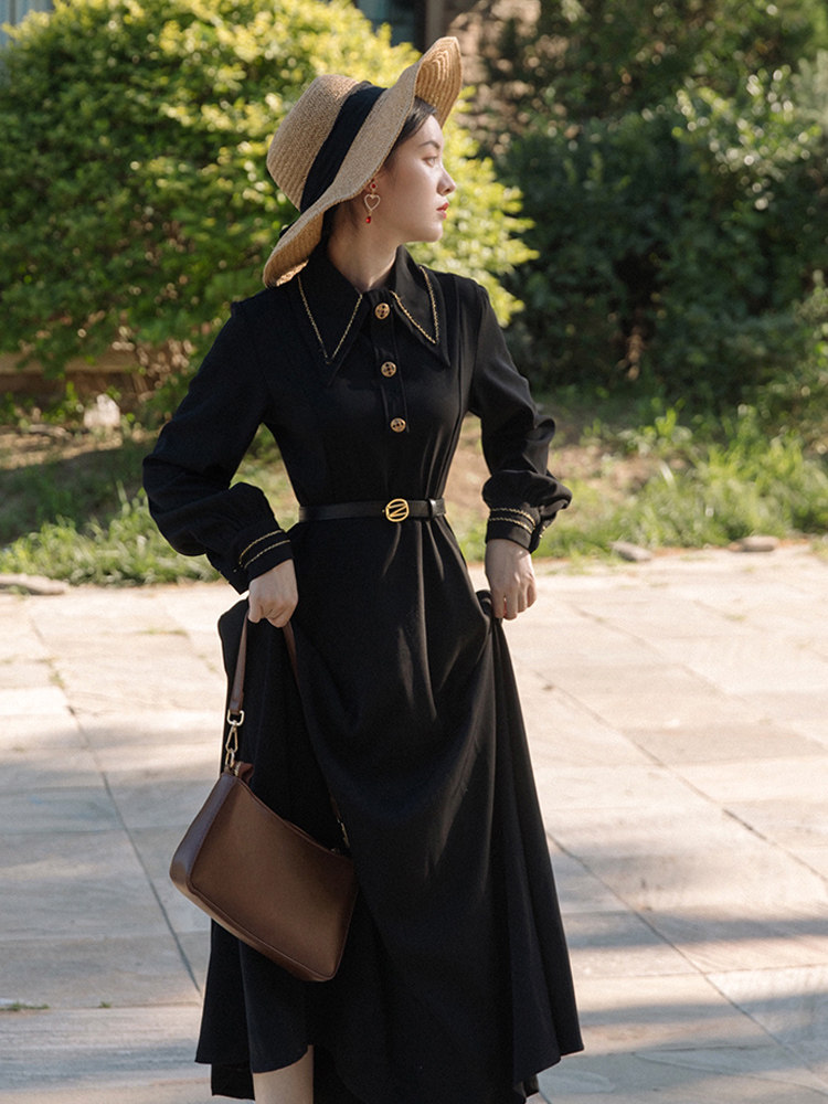 法式复古赫本风连衣裙夏温柔系穿搭初恋海军风jk制服长裙子小黑裙