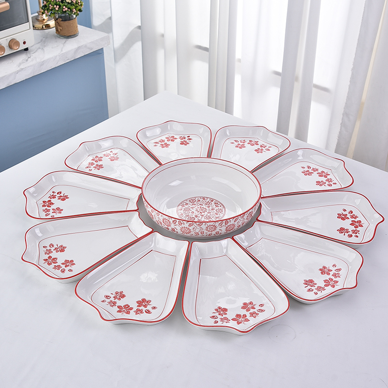 抖音网红樱花陶瓷拼盘餐具组合创意圆形家用炒菜盘釉下彩扇形盘子