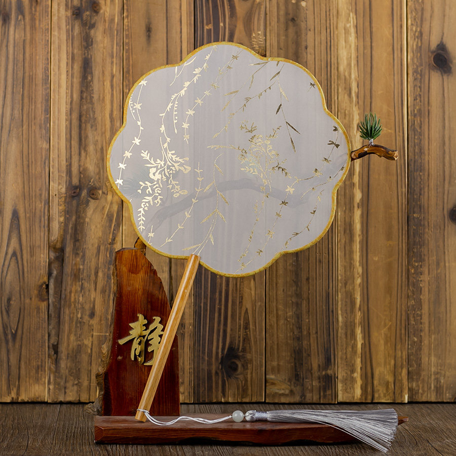 汉服古风飞仙扇大红秀禾圆形扇长柄流苏宫廷风烫金梅花掌扇小团扇