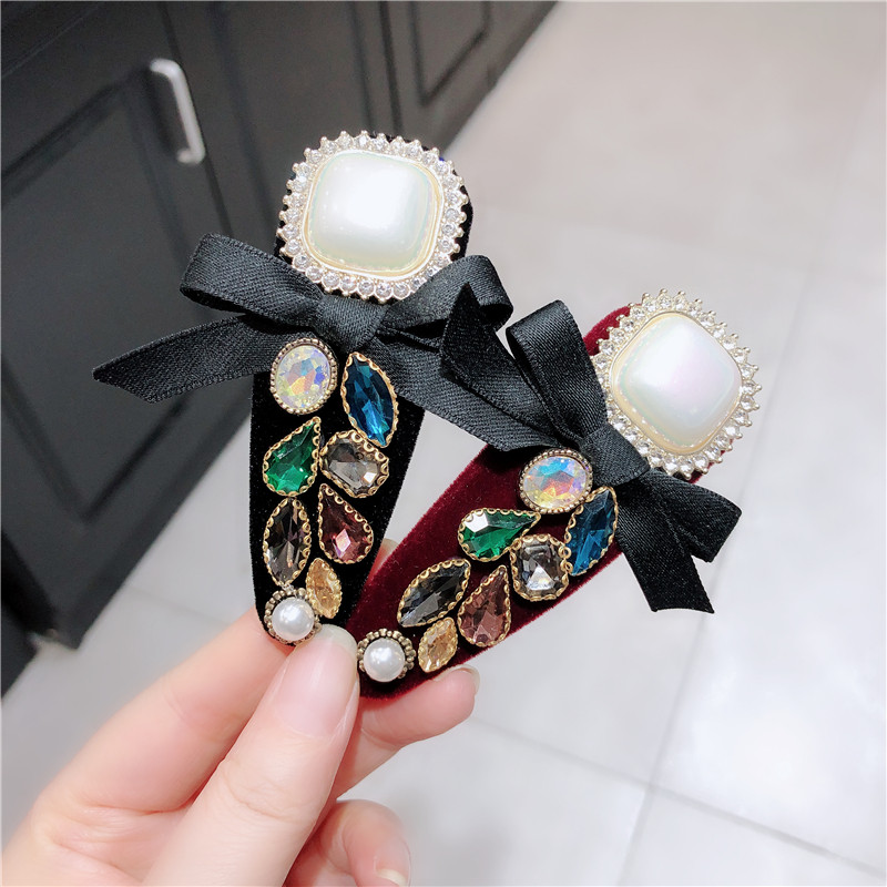 韩国重工高级感复古轻奢水钻宝石发夹气质丝绒蝴蝶结bb夹刘海边夹