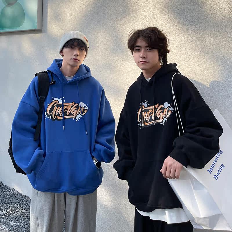春季设计感字母印花连帽卫衣男男情侣装基友装兄弟服港风宽松卫衣