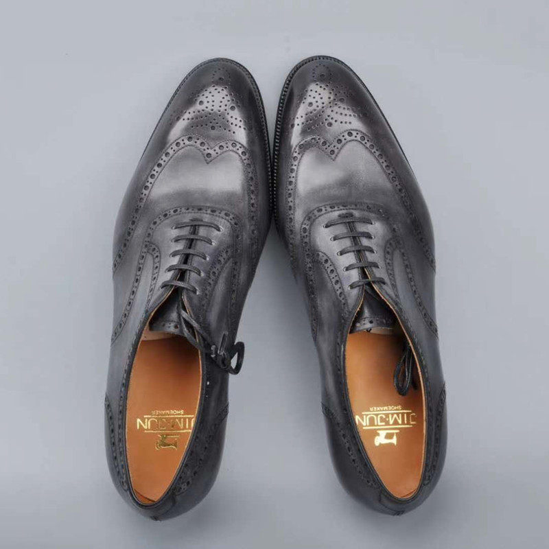 鞋的优惠券大全—布洛克新款灰色擦色雕花牛津款 圆头手工定制皮鞋