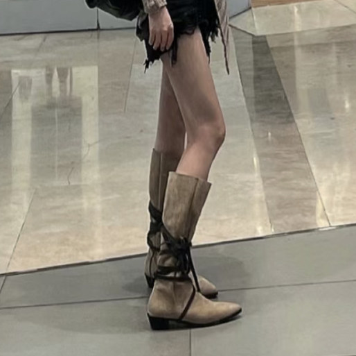 牛皮版~复古绑带真皮牛仔西部靴女粗跟高筒骑士靴尖头长靴长筒靴