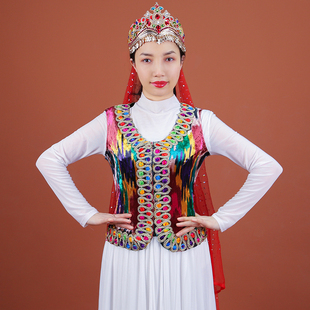 新款新疆舞演出服女士金丝绒印花短背心维吾尔族广场舞表演短马甲