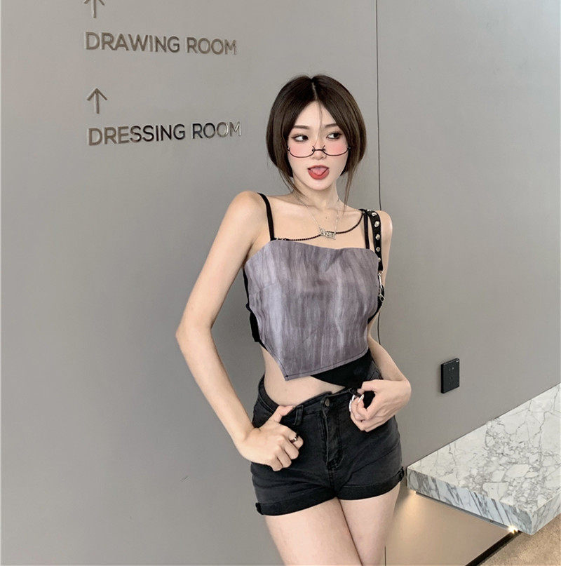 实价实拍~烟灰色扎染拼接不规则小吊带女 百搭雾霾灰背心