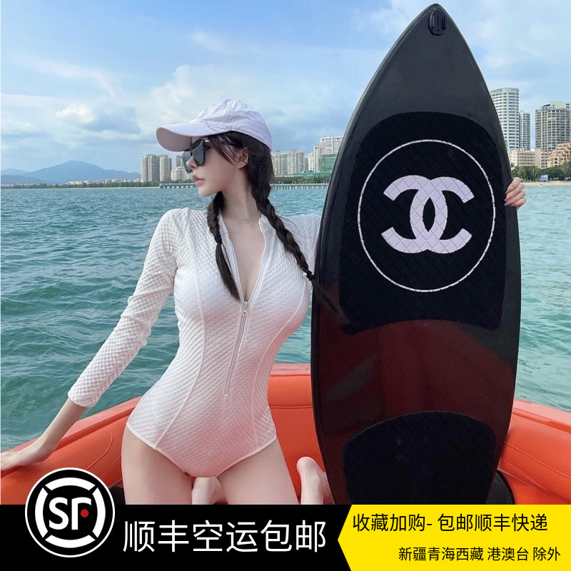 ins网红辣妹海边度假冲浪泳衣女 连体白色简约拉链长袖防晒游泳装