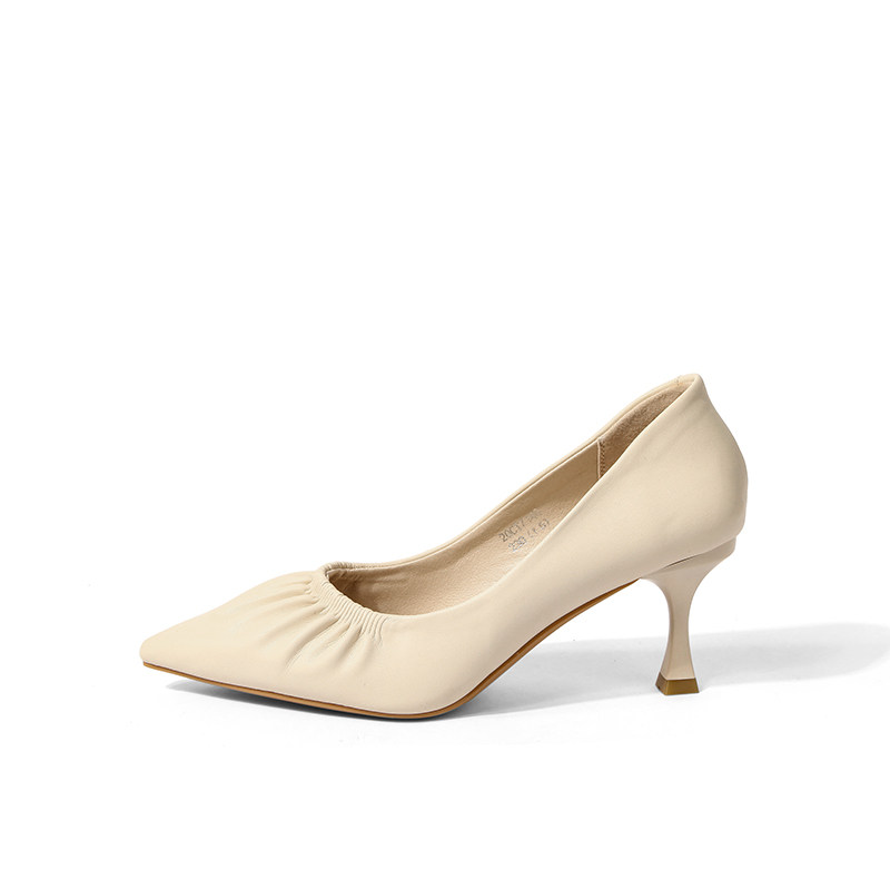 索兰女鞋2020秋季 温柔淑女风褶皱尖头优雅酒杯高跟单鞋20ct7140