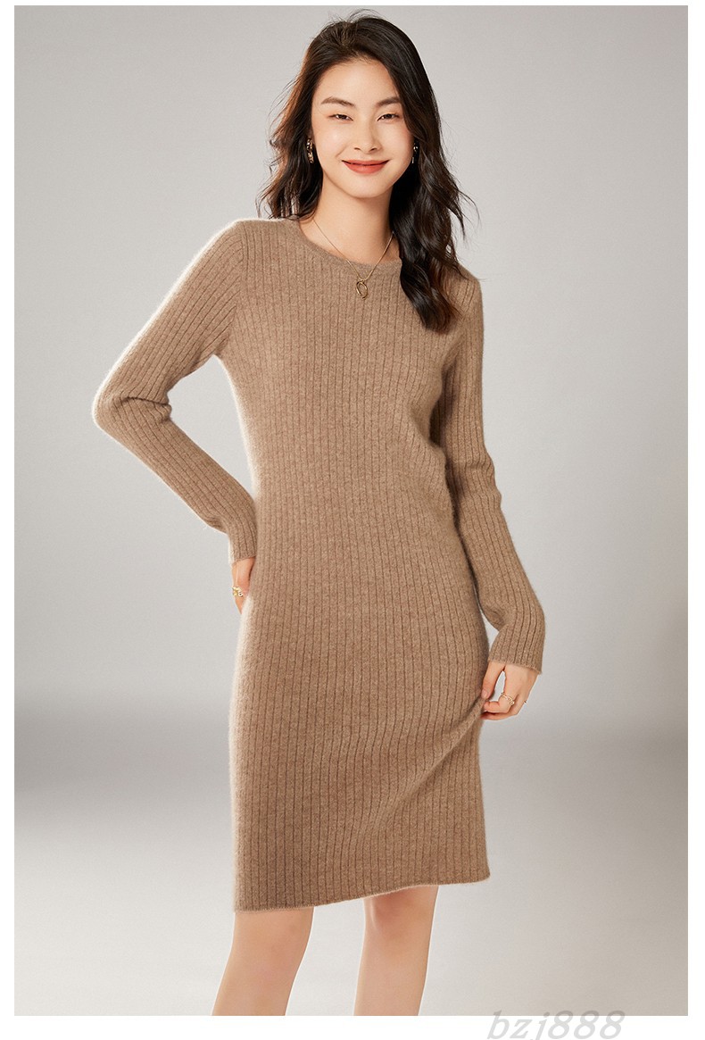 秋冬新款100%纯山羊绒修身针织连衣裙女圆领小个子中长毛衣打底裙