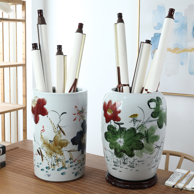 景德镇陶瓷书画缸卷轴缸荷花花瓶客厅插字画桶收纳缸落地箭筒摆件