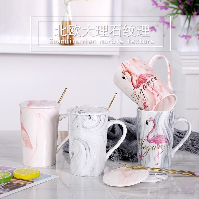 创意大理石纹陶瓷杯子大容量马克杯带盖勺咖啡杯情侣杯牛奶杯批發
