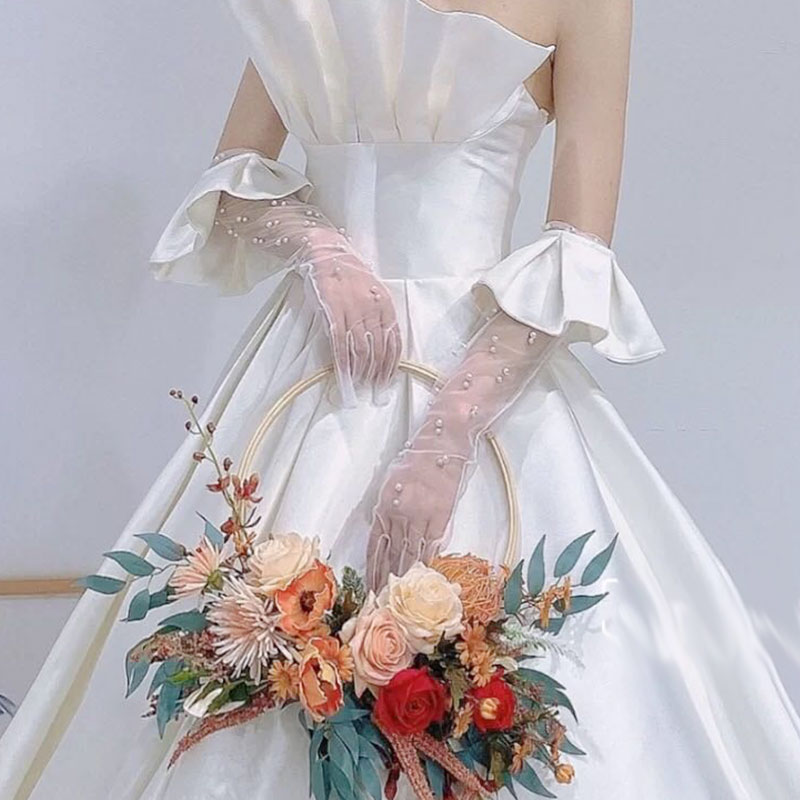 全指网纱珍珠白色新娘手套荷叶边造型长款婚纱礼服有指手纱手袖
