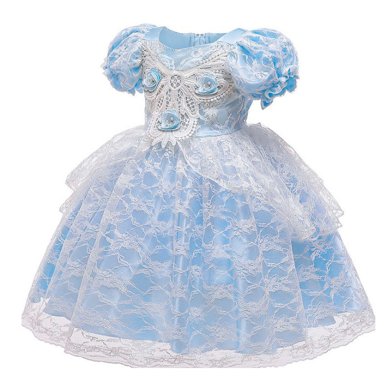 女童泡泡袖蕾丝公主裙灰姑娘宝宝连衣裙宫廷风生日摄影演出礼服夏