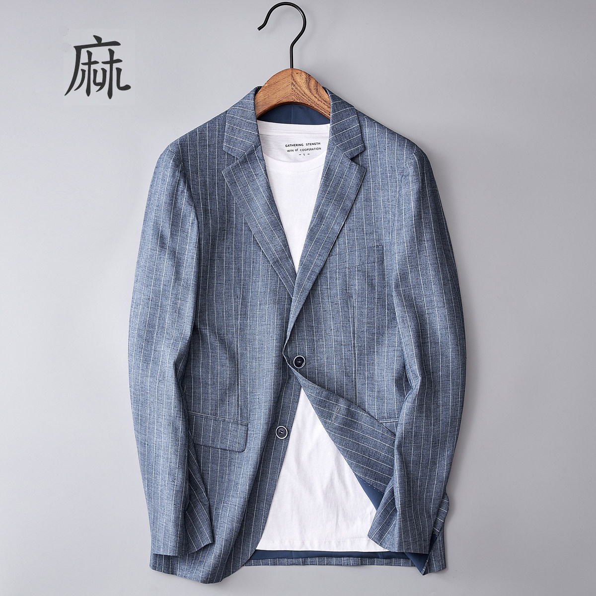 亚麻西装男春夏薄款复古条纹休闲棉麻