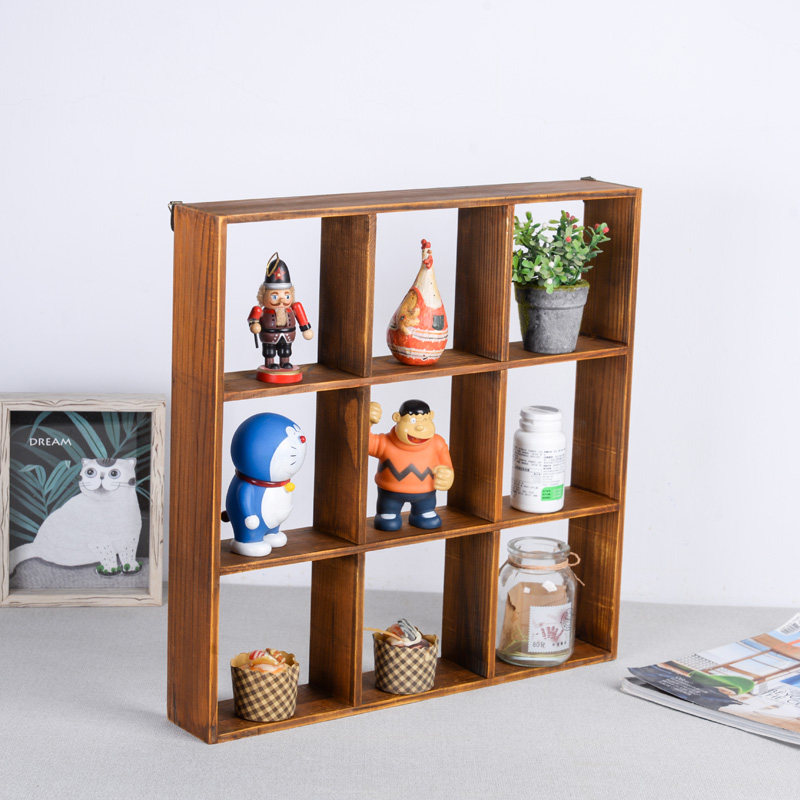 zakka实木森系复古格子收纳九宫格墙挂家居装饰展示架整理架