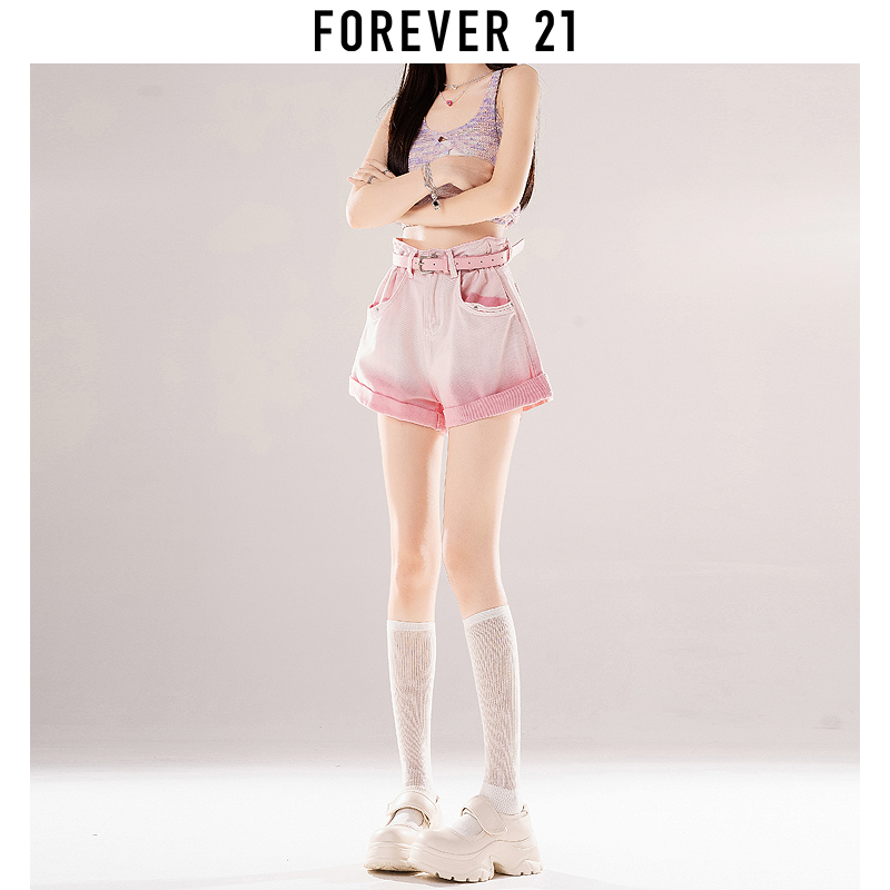 Forever 21小个子渐变牛仔短裤女高腰多巴胺穿搭a字阔腿卷边热裤