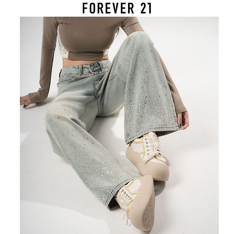 forever 21高腰烫钻阔腿牛仔裤女复古直筒垂坠感窄版拖地裤子春秋