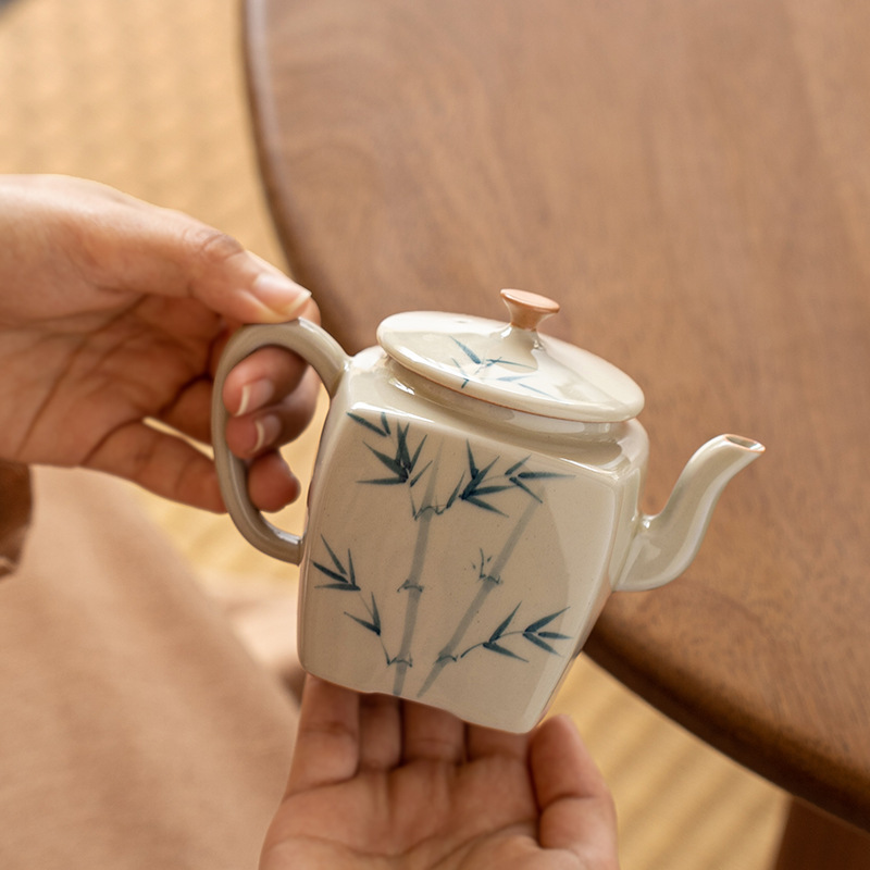 陶瓷中式单壶泡茶壶釉下彩手绘家用茶具功夫小号小品壶四方壶青竹