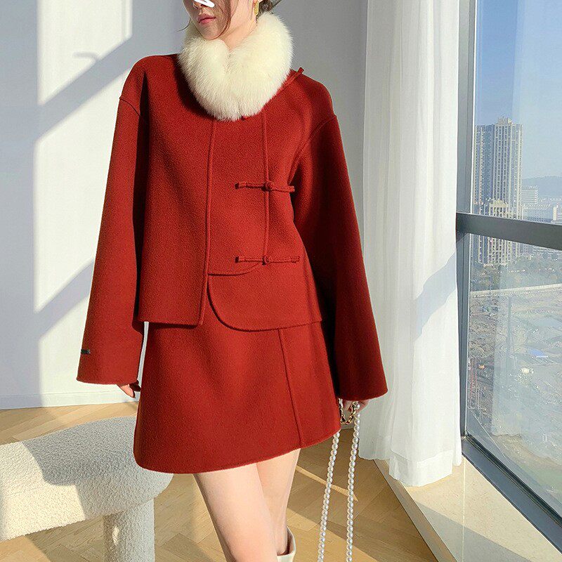 复古中式手缝双面羊绒大衣女两件套2022秋冬新款羊毛呢外套