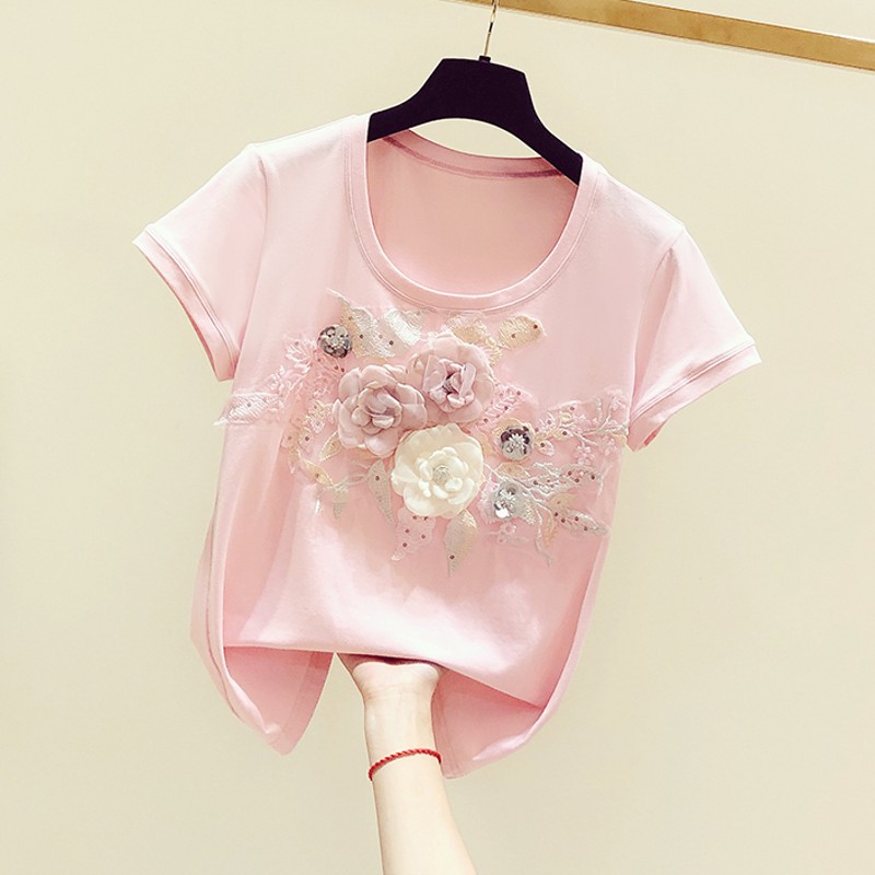 新中式国风新款韩版甜美立体花朵刺绣亮片圆领短袖T恤女休闲上衣