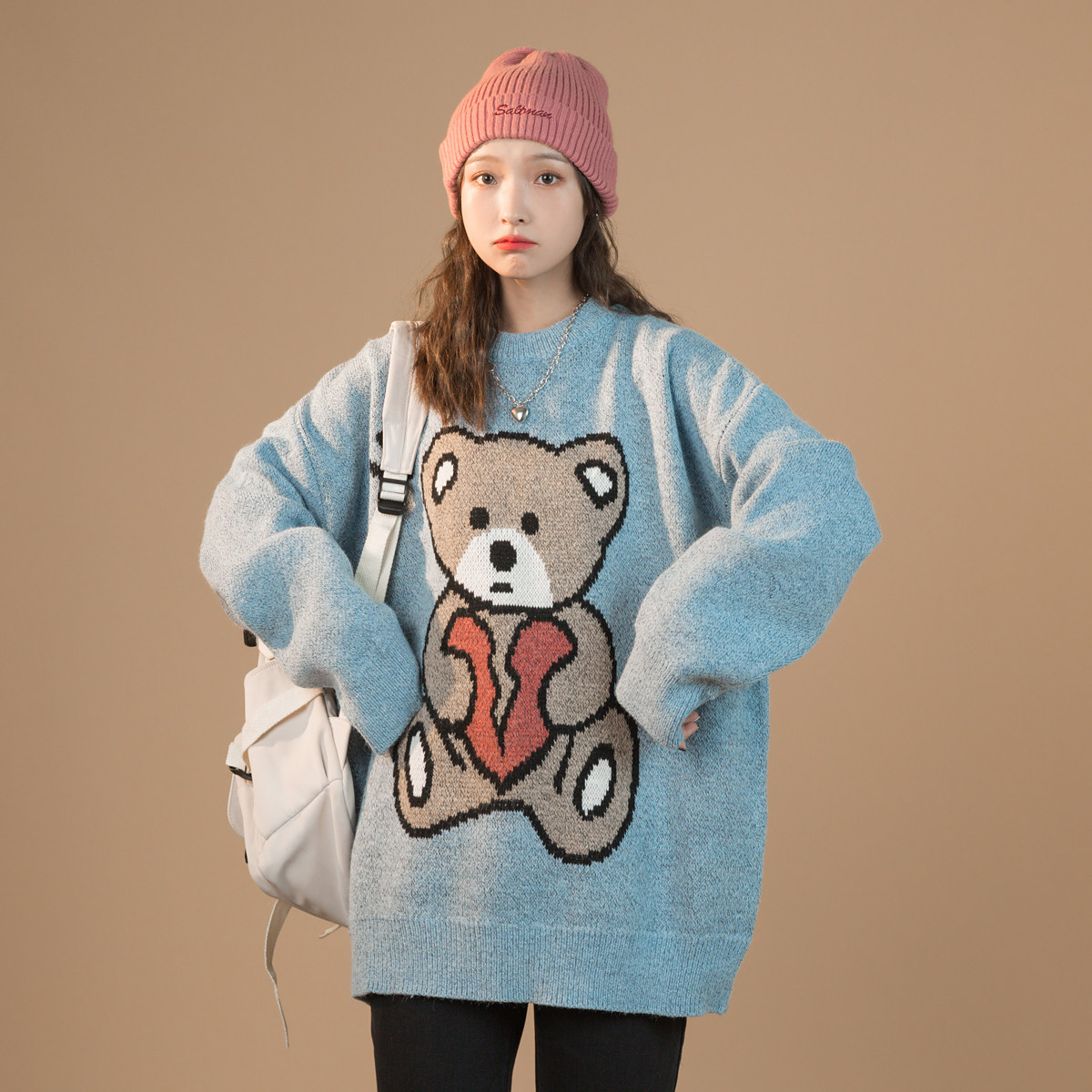 小众可爱毛衣女秋冬日系复古别致小熊设计感宽松慵懒风针织衫上衣