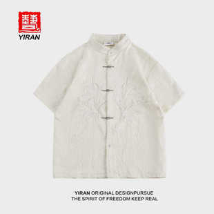 YIRAN新中式短袖衬衫男2024夏季复古街头半袖宽松衬衣潮休闲上衣