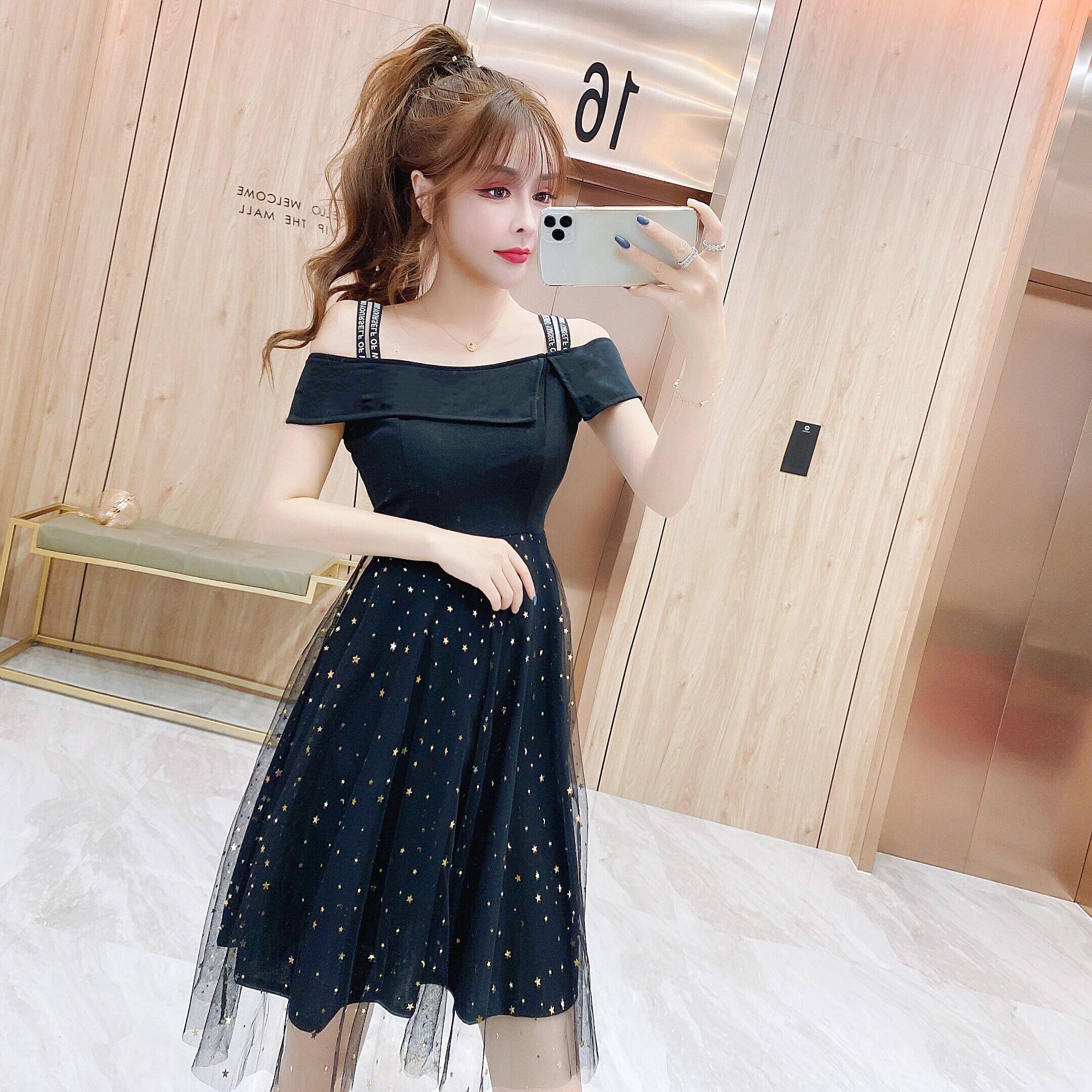 实拍 性感名媛气质露肩吊带连衣裙星星网纱甜美公主聚会礼服裙