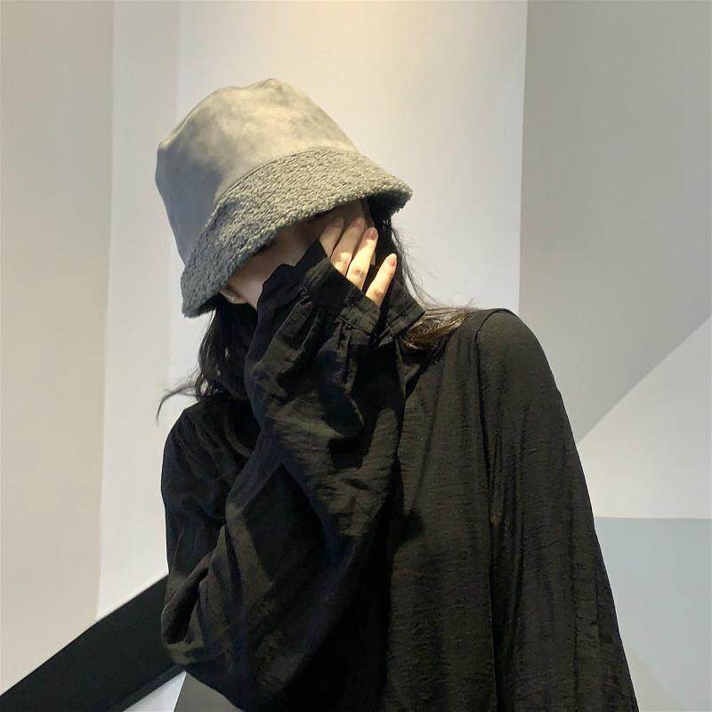 黑色素颜遮脸渔夫帽女秋冬百搭保暖盆帽日系显脸小网红自闭水桶帽