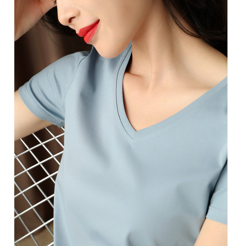 00淘宝新品2020夏装新款80支双面丝光棉v领t恤女精梳棉打底衫纯白色