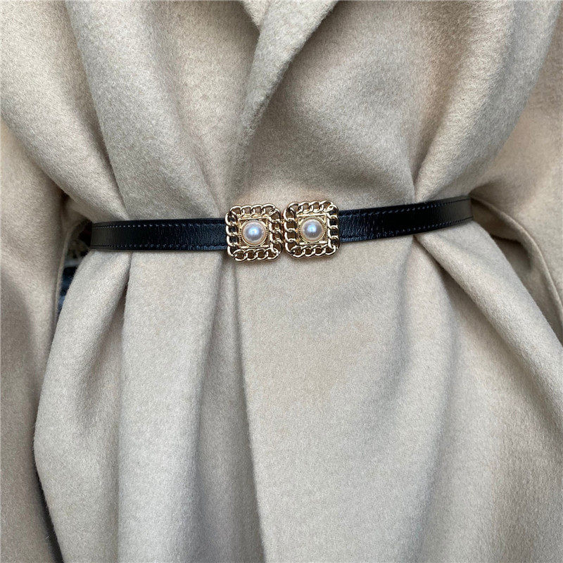 黑色小腰带女装饰连衣裙大衣珍珠百搭配裙子配衣服女士皮带细真皮