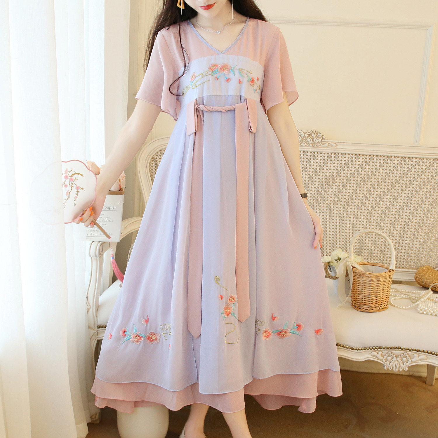 2019新款中国古风日常汉服改良版汉元素仙气连衣裙雪纺飘逸纱裙女