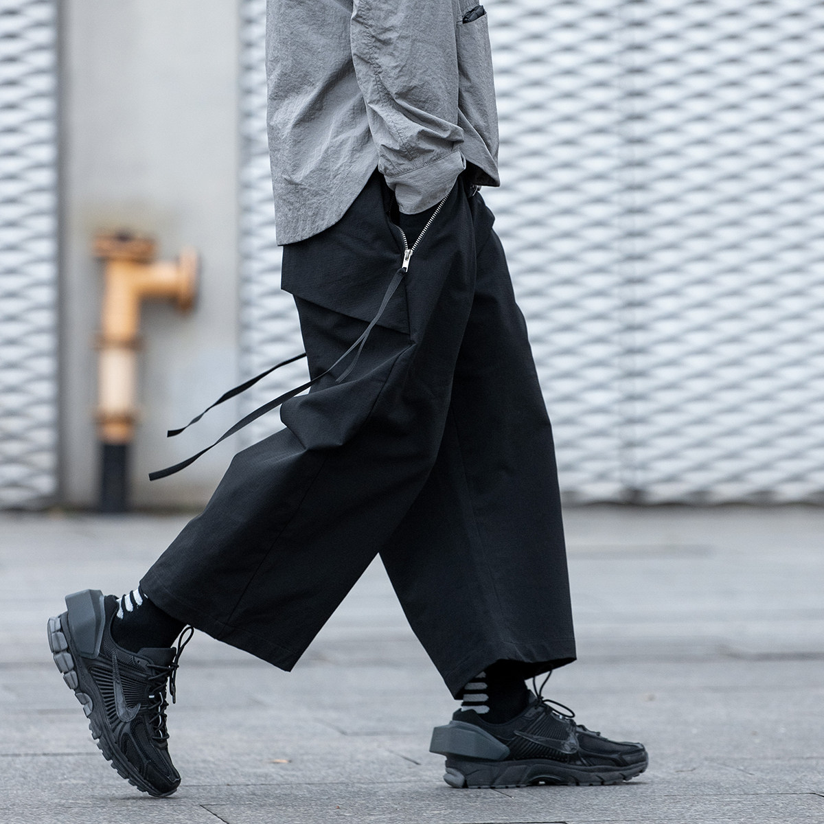 cpct catsstac 斜拉链飘带直筒武士裤宽松黑色机能休闲九分阔腿裤