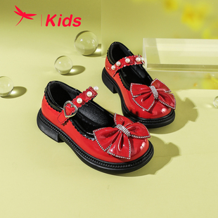 红蜻蜓女童鞋春季新款新年红色皮鞋休闲百搭洛丽塔公主单鞋子