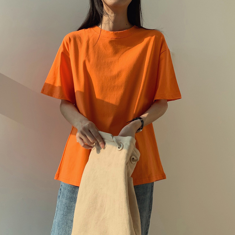 桔色短袖t恤女ins潮2022年新款学生港风纯棉纯色简约百搭上衣夏季
